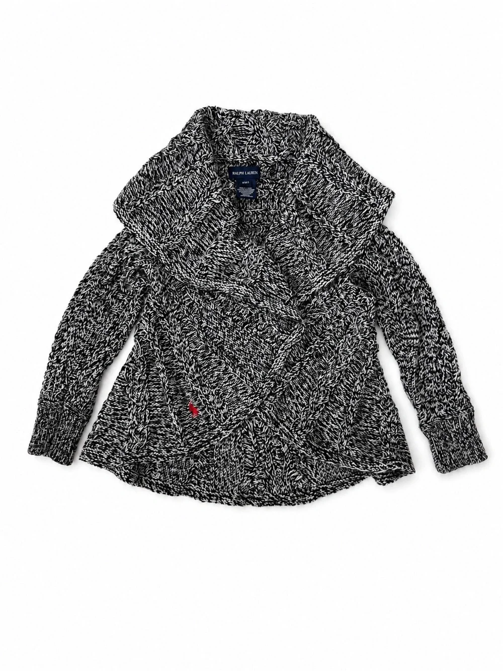 Ralph Lauren 3T Black White Chunky Cable Knit Shawl Collar Cardigan Sweater